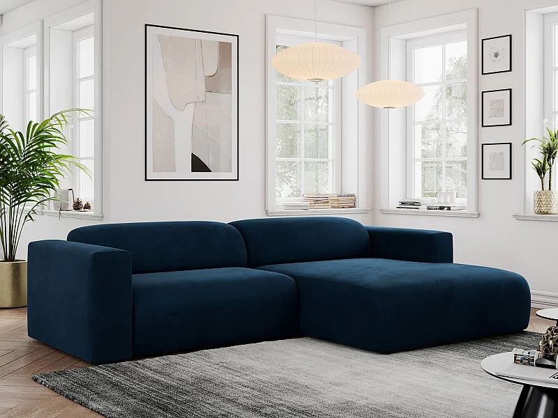 Ecksofa PASADENA - mit Armlehnen, Wohnlandschaft, freistehendes Sofa, große Ecke - Dunkelblau Velvet - Ecke Rechts