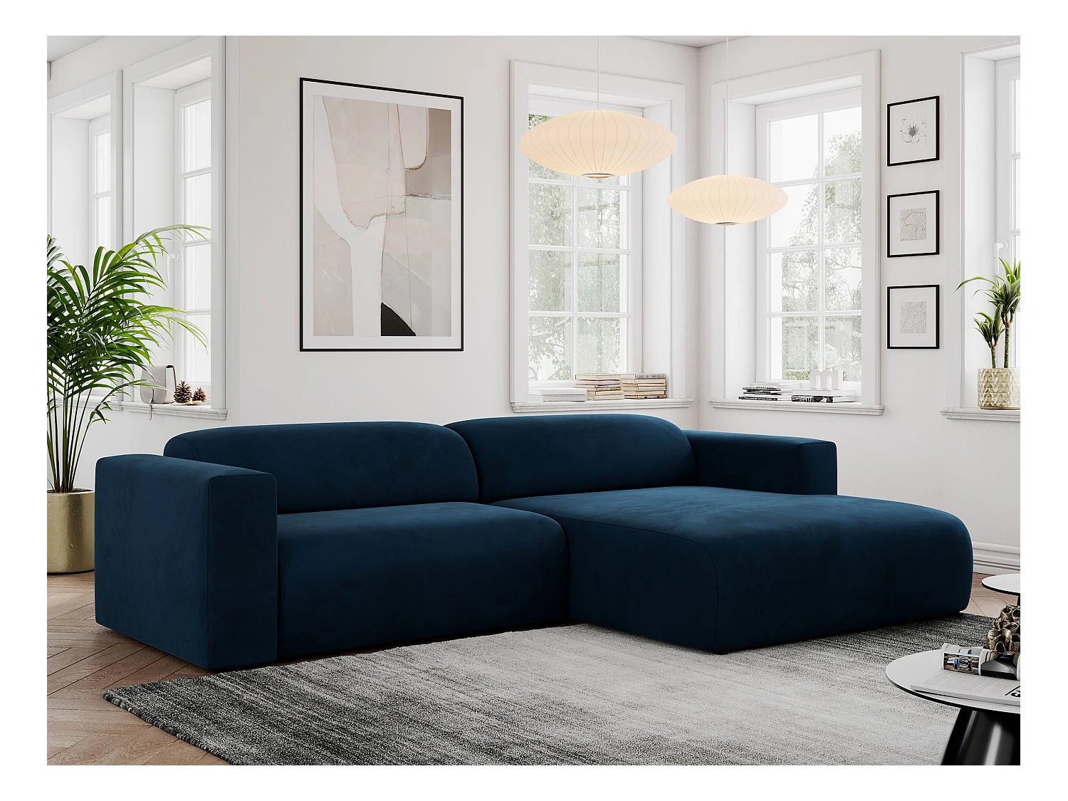 Ecksofa PASADENA - mit Armlehnen, Wohnlandschaft, freistehendes Sofa, große Ecke - Dunkelblau Velvet - Ecke Rechts