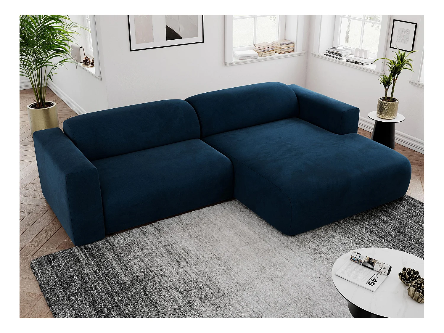 Ecksofa PASADENA - mit Armlehnen, Wohnlandschaft, freistehendes Sofa, große Ecke - Dunkelblau Velvet - Ecke Rechts