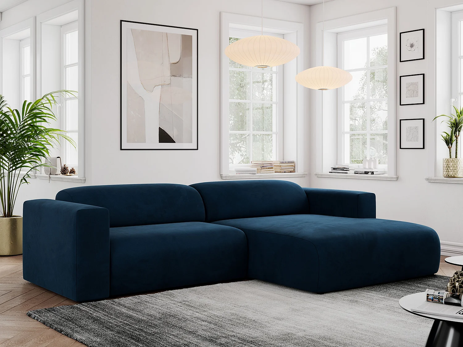 Ecksofa PASADENA - mit Armlehnen, Wohnlandschaft, freistehendes Sofa, große Ecke - Dunkelblau Velvet - Ecke Rechts