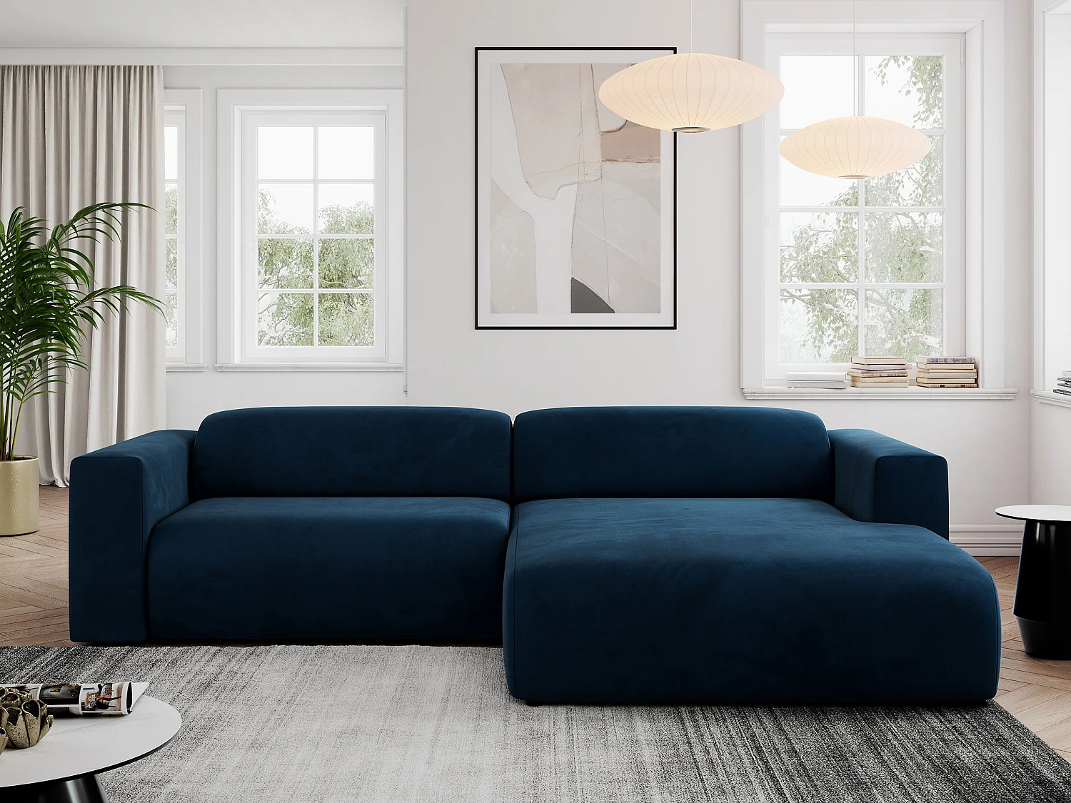 Ecksofa PASADENA - mit Armlehnen, Wohnlandschaft, freistehendes Sofa, große Ecke - Dunkelblau Velvet - Ecke Rechts