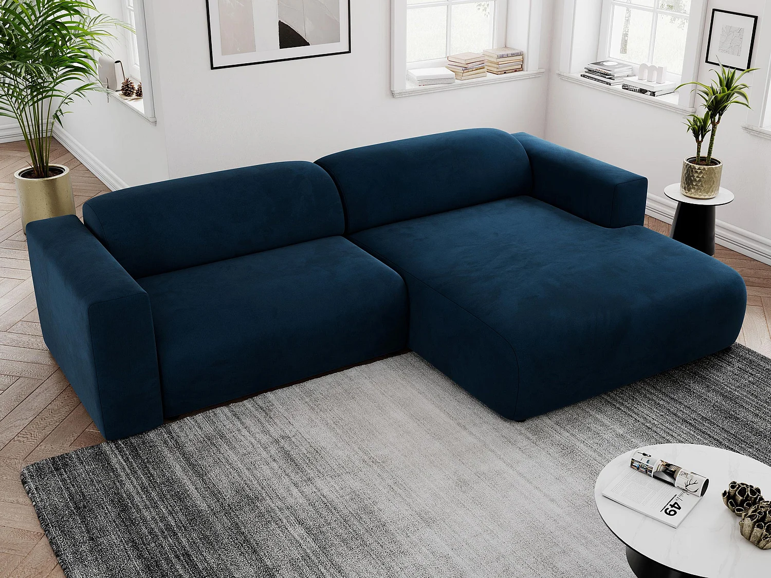 Ecksofa PASADENA - mit Armlehnen, Wohnlandschaft, freistehendes Sofa, große Ecke - Dunkelblau Velvet - Ecke Rechts