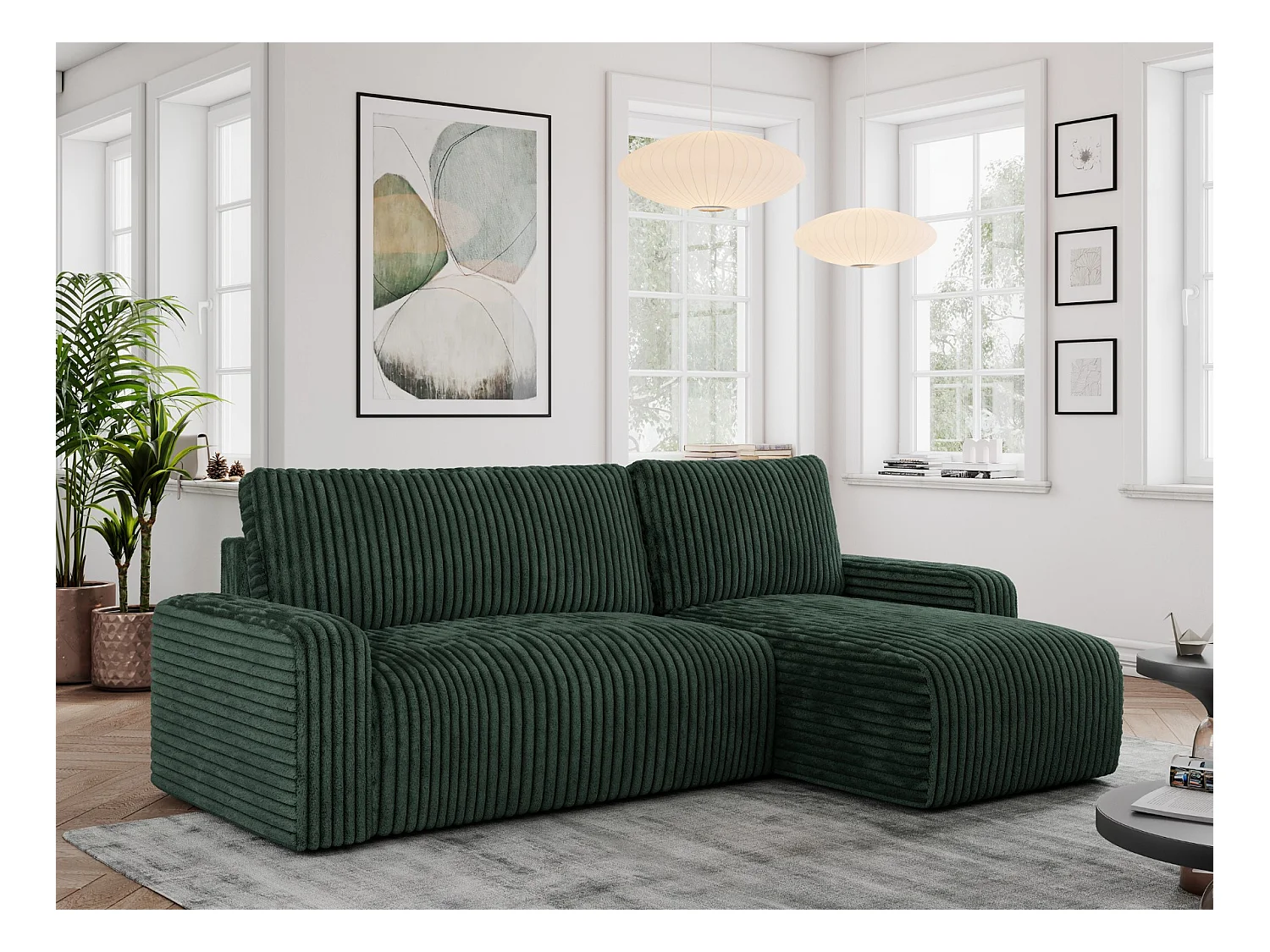 Ecksofa ARGOS - mit Schlaffunktion, Sofa mit armlehnen, Bettkasten, 3-Sitzer Sofa - Grün Cord