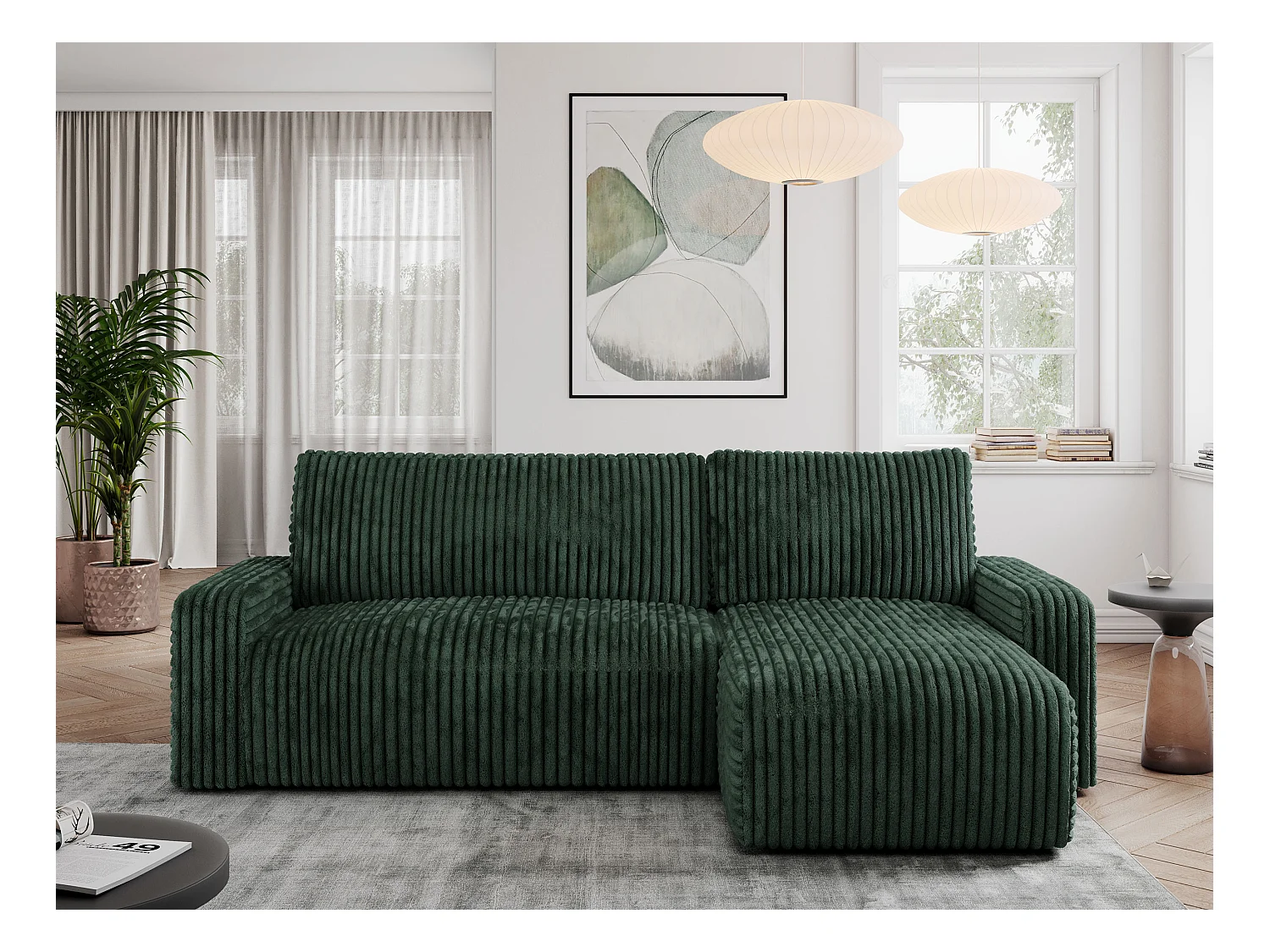 Ecksofa ARGOS - mit Schlaffunktion, Sofa mit armlehnen, Bettkasten, 3-Sitzer Sofa - Grün Cord
