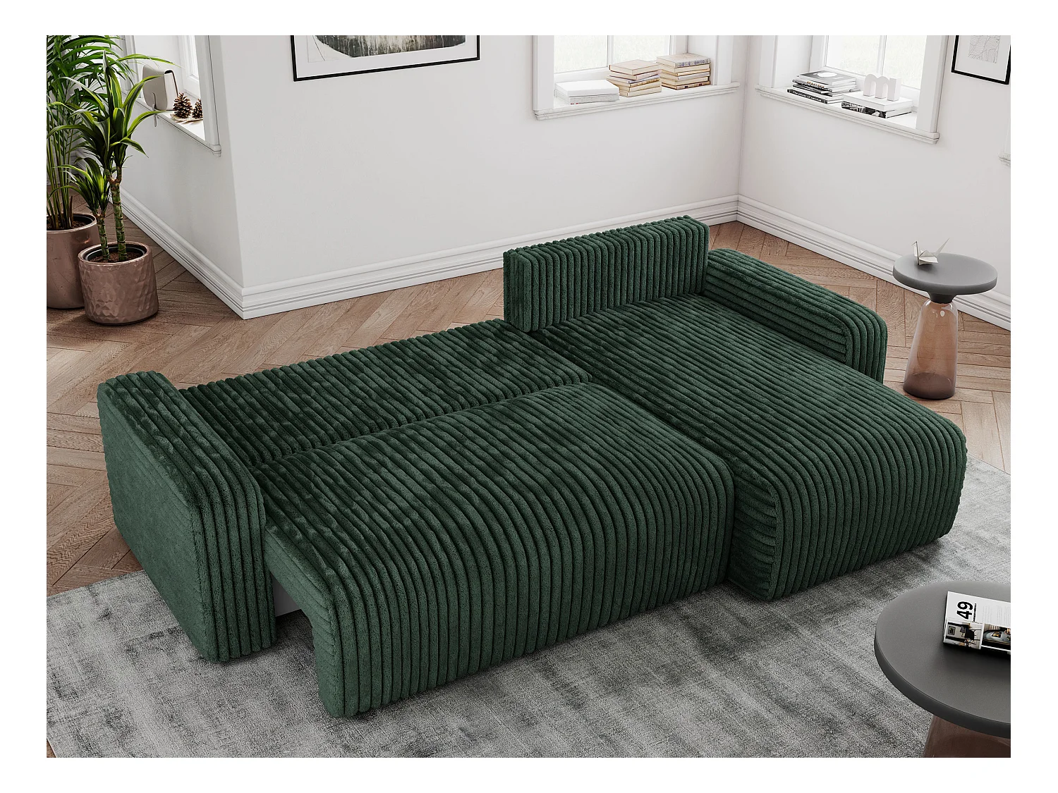 Ecksofa ARGOS - mit Schlaffunktion, Sofa mit armlehnen, Bettkasten, 3-Sitzer Sofa - Grün Cord