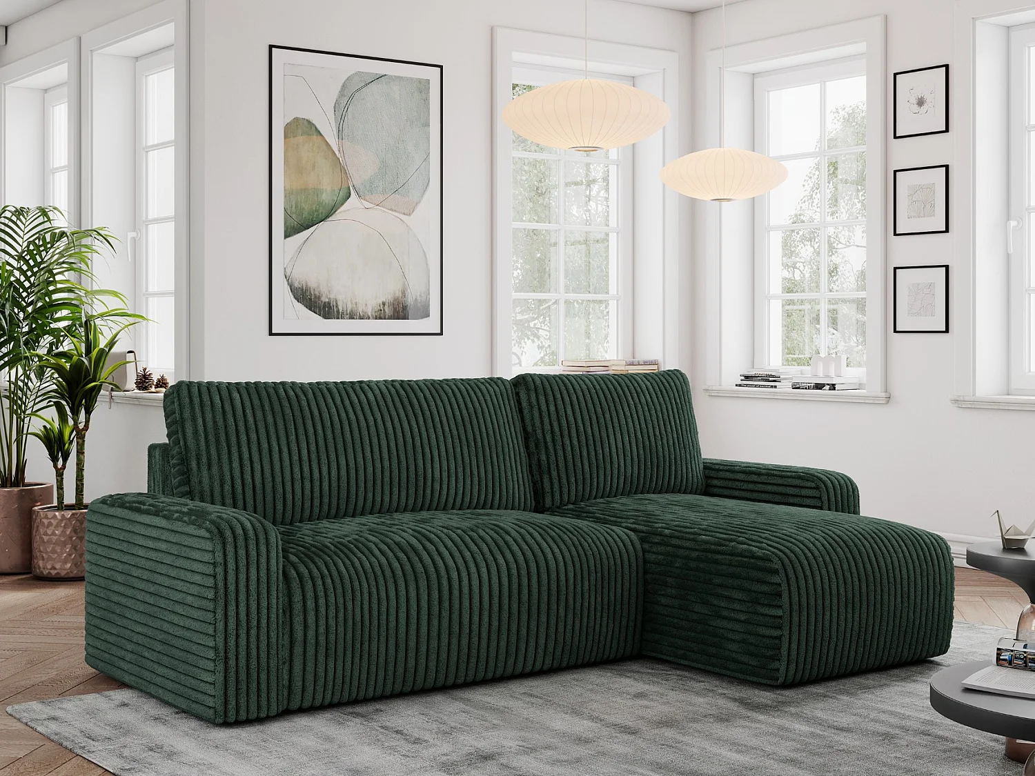 Ecksofa ARGOS - mit Schlaffunktion, Sofa mit armlehnen, Bettkasten, 3-Sitzer Sofa - Grün Cord