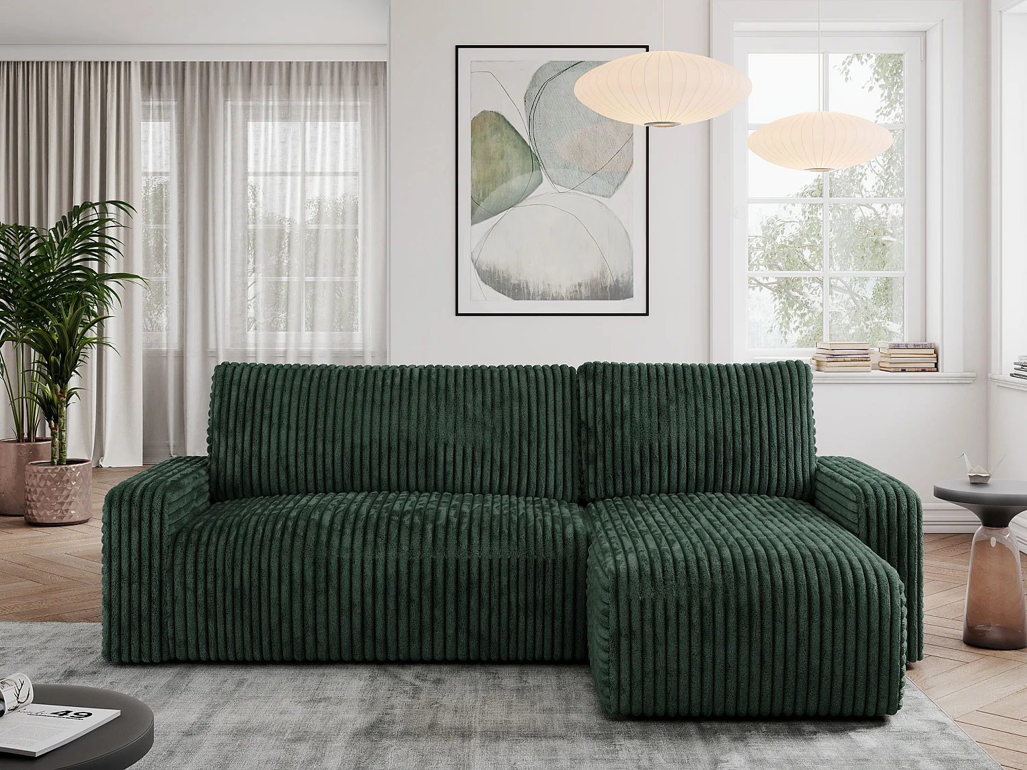 Ecksofa ARGOS - mit Schlaffunktion, Sofa mit armlehnen, Bettkasten, 3-Sitzer Sofa - Grün Cord