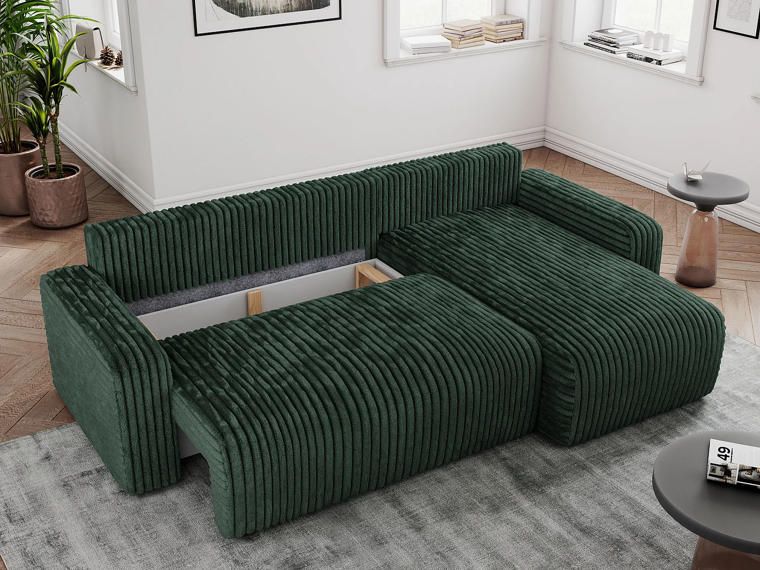 Ecksofa ARGOS - mit Schlaffunktion, Sofa mit armlehnen, Bettkasten, 3-Sitzer Sofa - Grün Cord