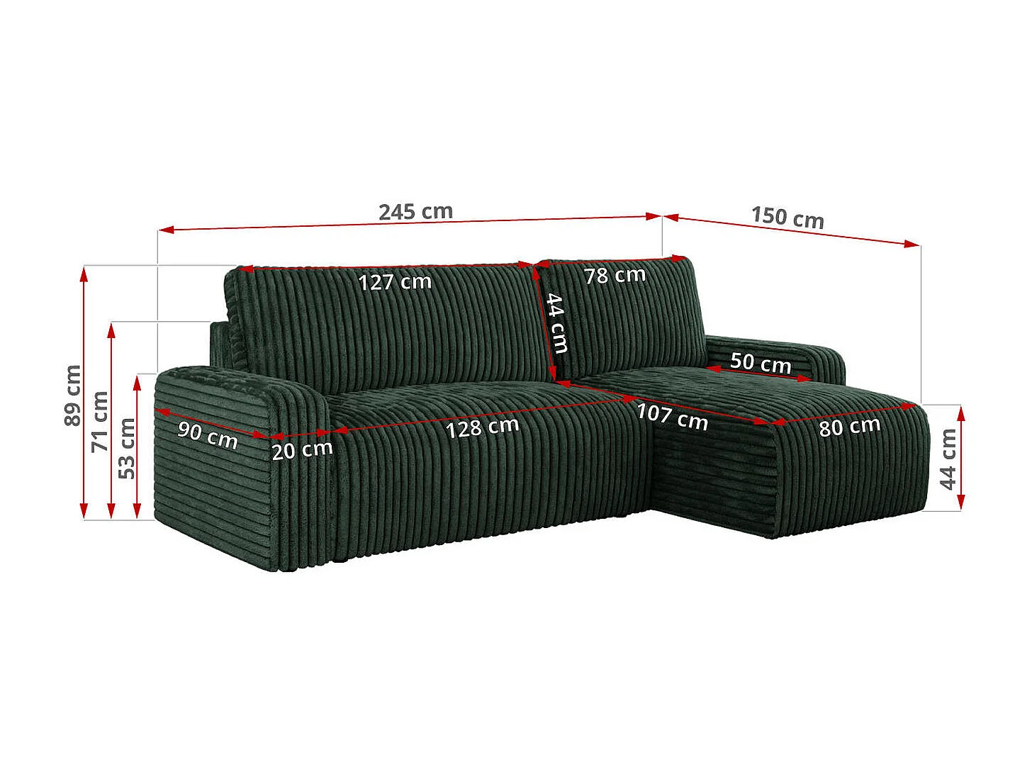 Ecksofa ARGOS - mit Schlaffunktion, Sofa mit armlehnen, Bettkasten, 3-Sitzer Sofa - Grün Cord