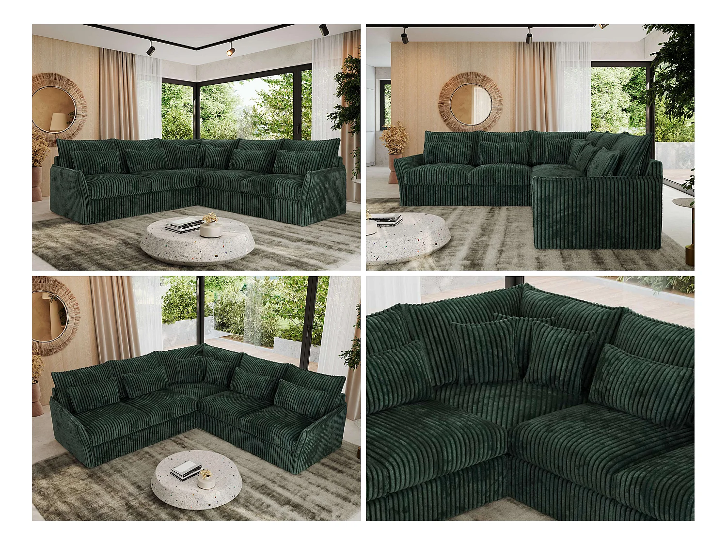 Ecksofa VERSO - modulare L-förmige Ecke, lose Kissen, Wohnlandschaft - Grün Cord