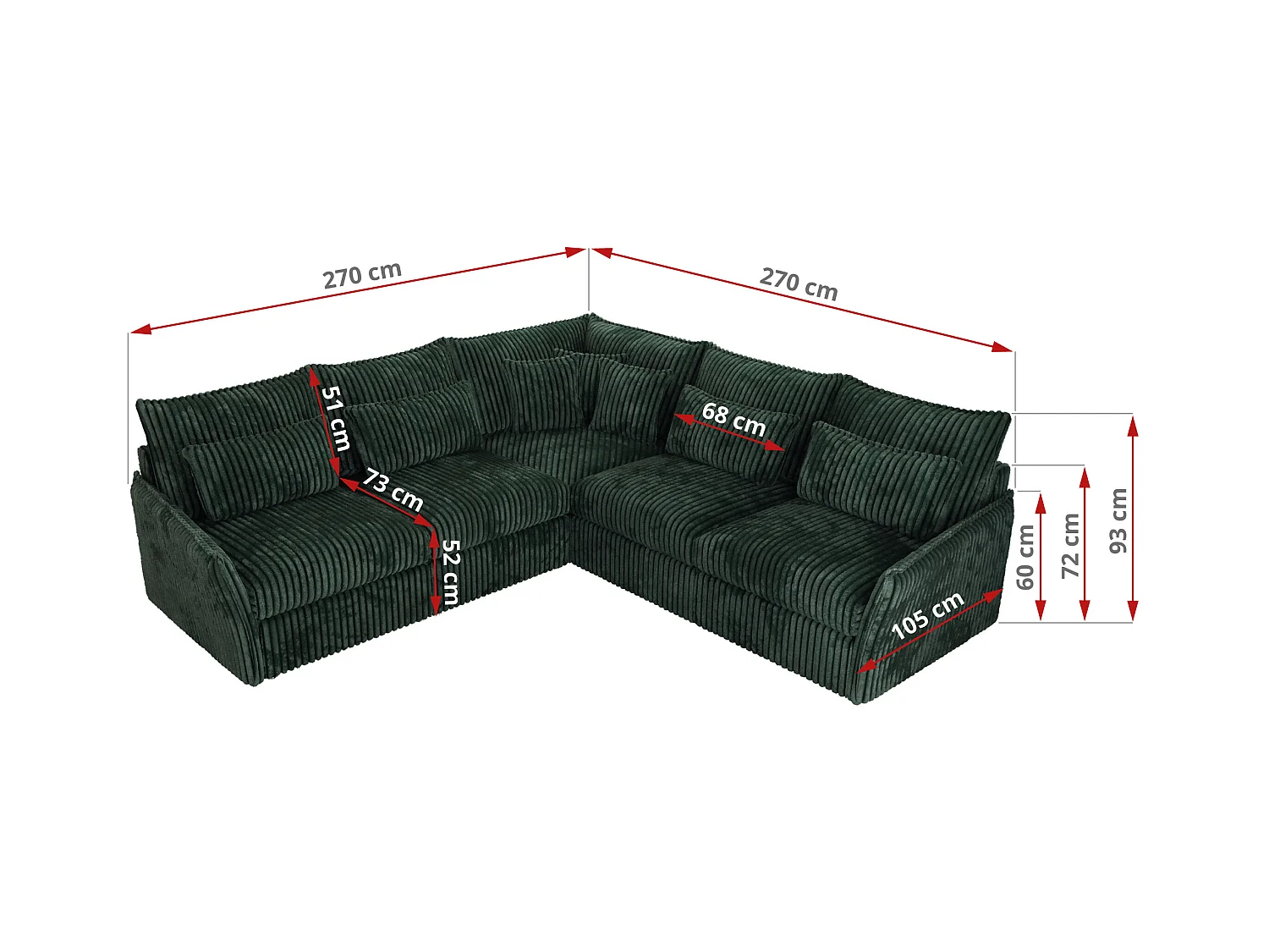 Ecksofa VERSO - modulare L-förmige Ecke, lose Kissen, Wohnlandschaft - Grün Cord