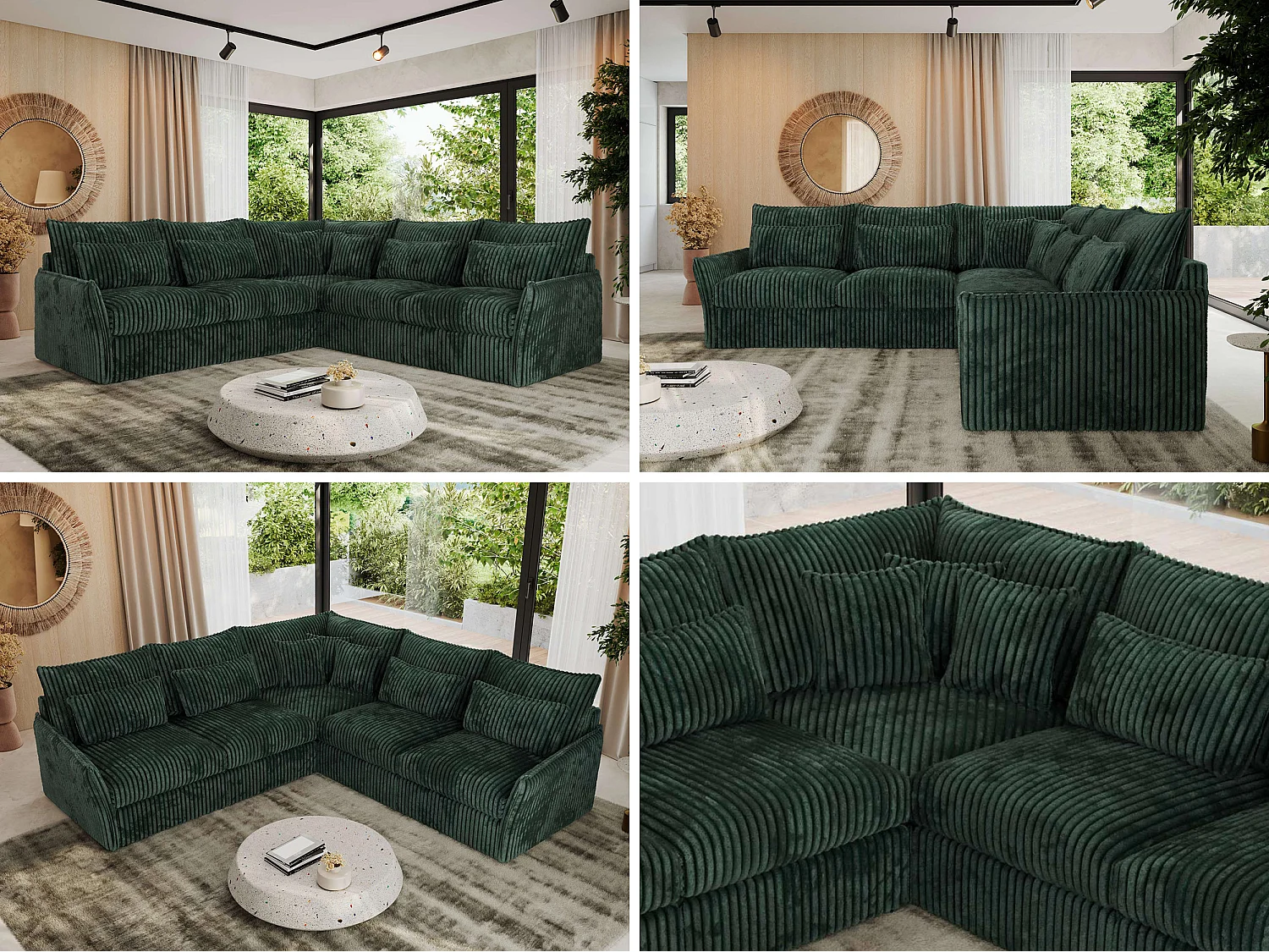 Ecksofa VERSO - modulare L-förmige Ecke, lose Kissen, Wohnlandschaft - Grün Cord