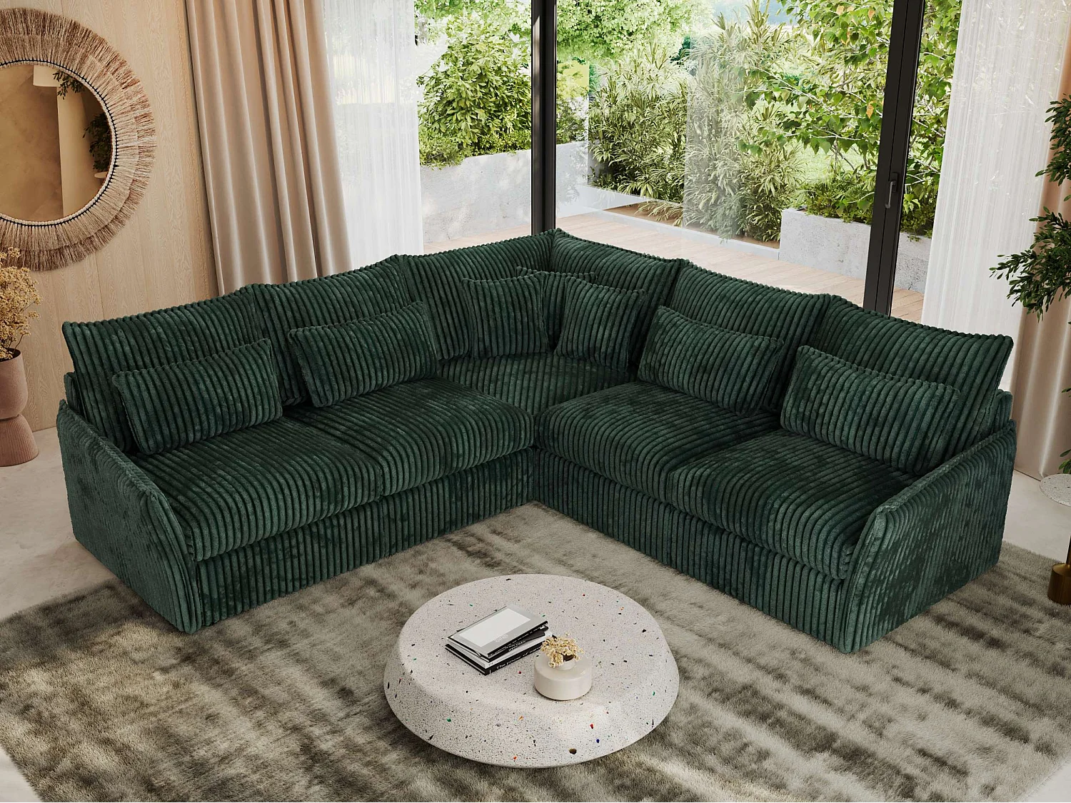 Ecksofa VERSO - modulare L-förmige Ecke, lose Kissen, Wohnlandschaft - Grün Cord