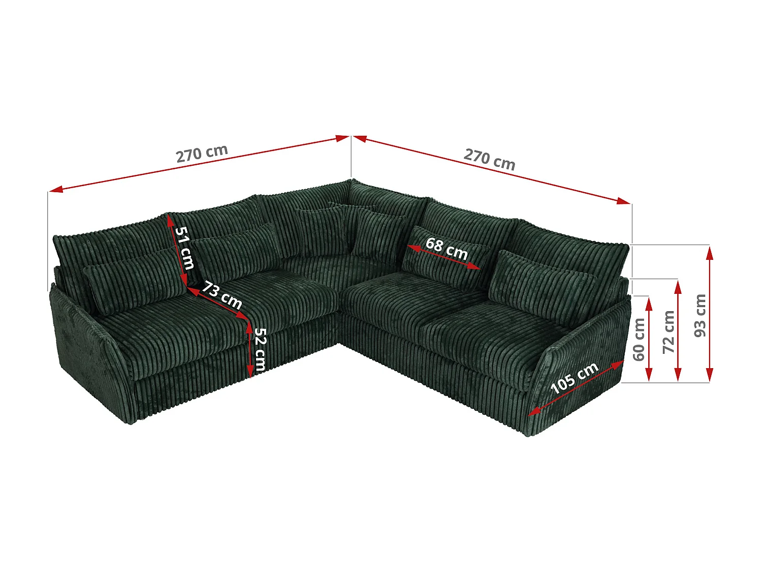Ecksofa VERSO - modulare L-förmige Ecke, lose Kissen, Wohnlandschaft - Grün Cord