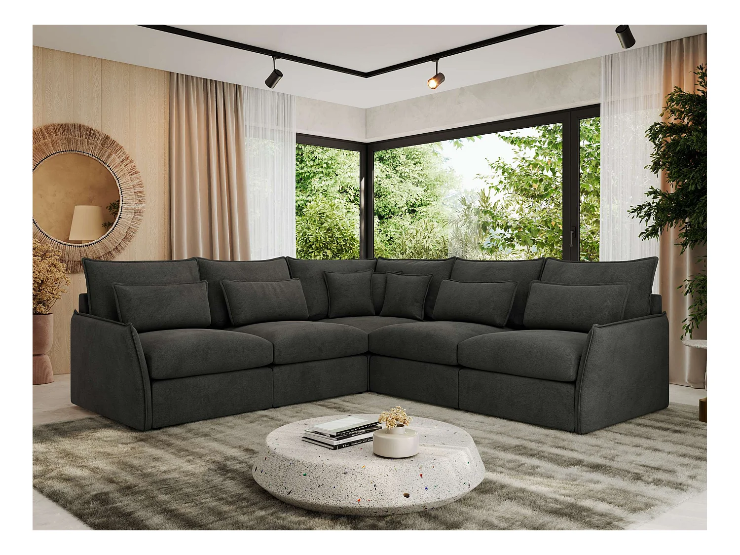 Ecksofa VERSO - modulare L-förmige Ecke, lose Kissen, Wohnlandschaft - Dunkelgrau Velvet