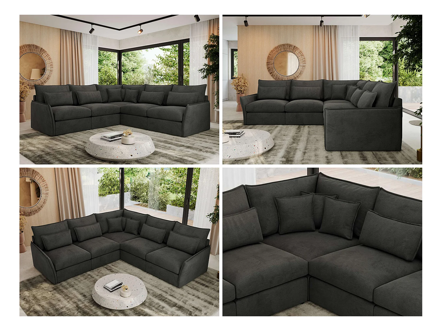 Ecksofa VERSO - modulare L-förmige Ecke, lose Kissen, Wohnlandschaft - Dunkelgrau Velvet