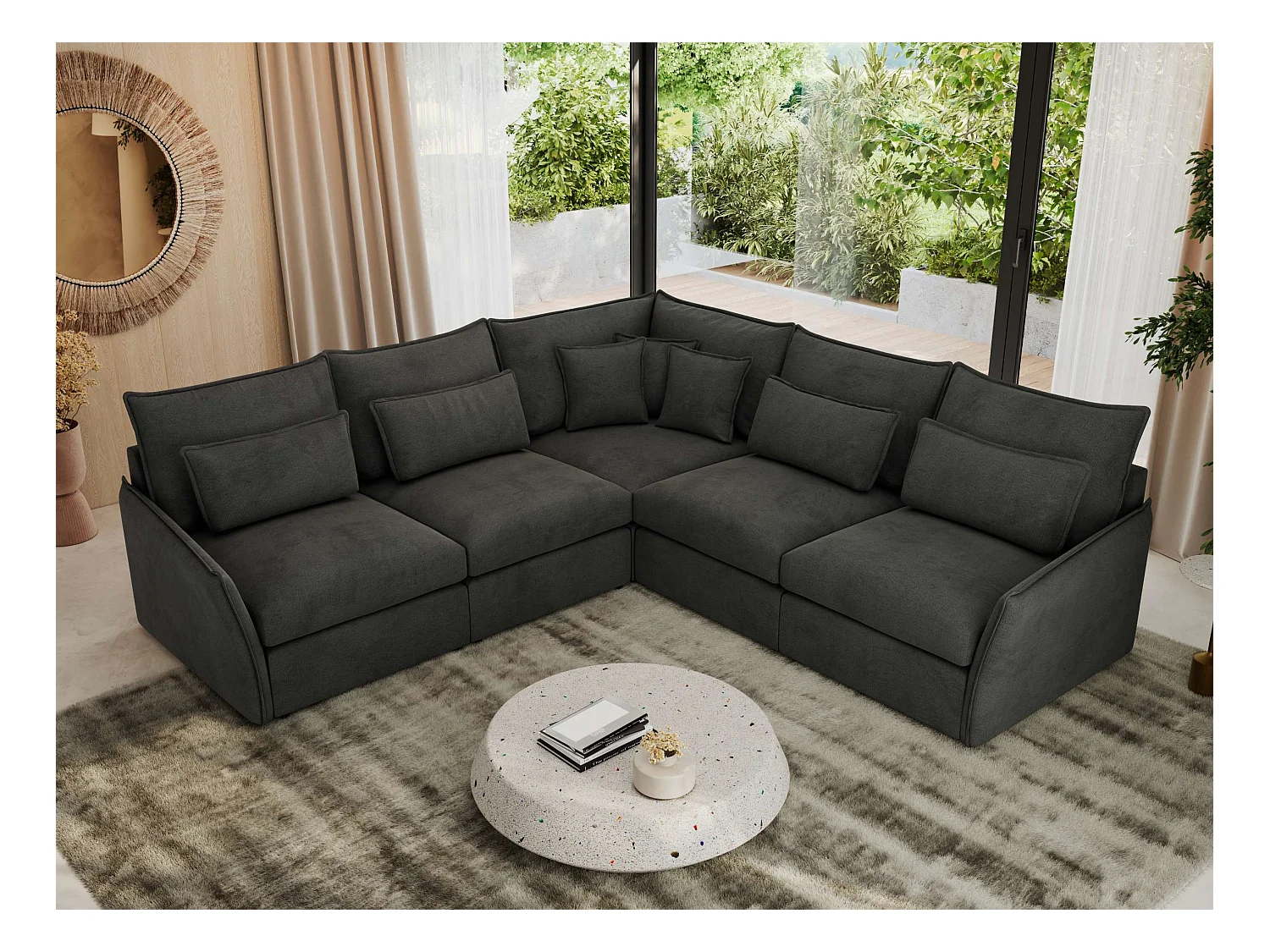 Ecksofa VERSO - modulare L-förmige Ecke, lose Kissen, Wohnlandschaft - Dunkelgrau Velvet