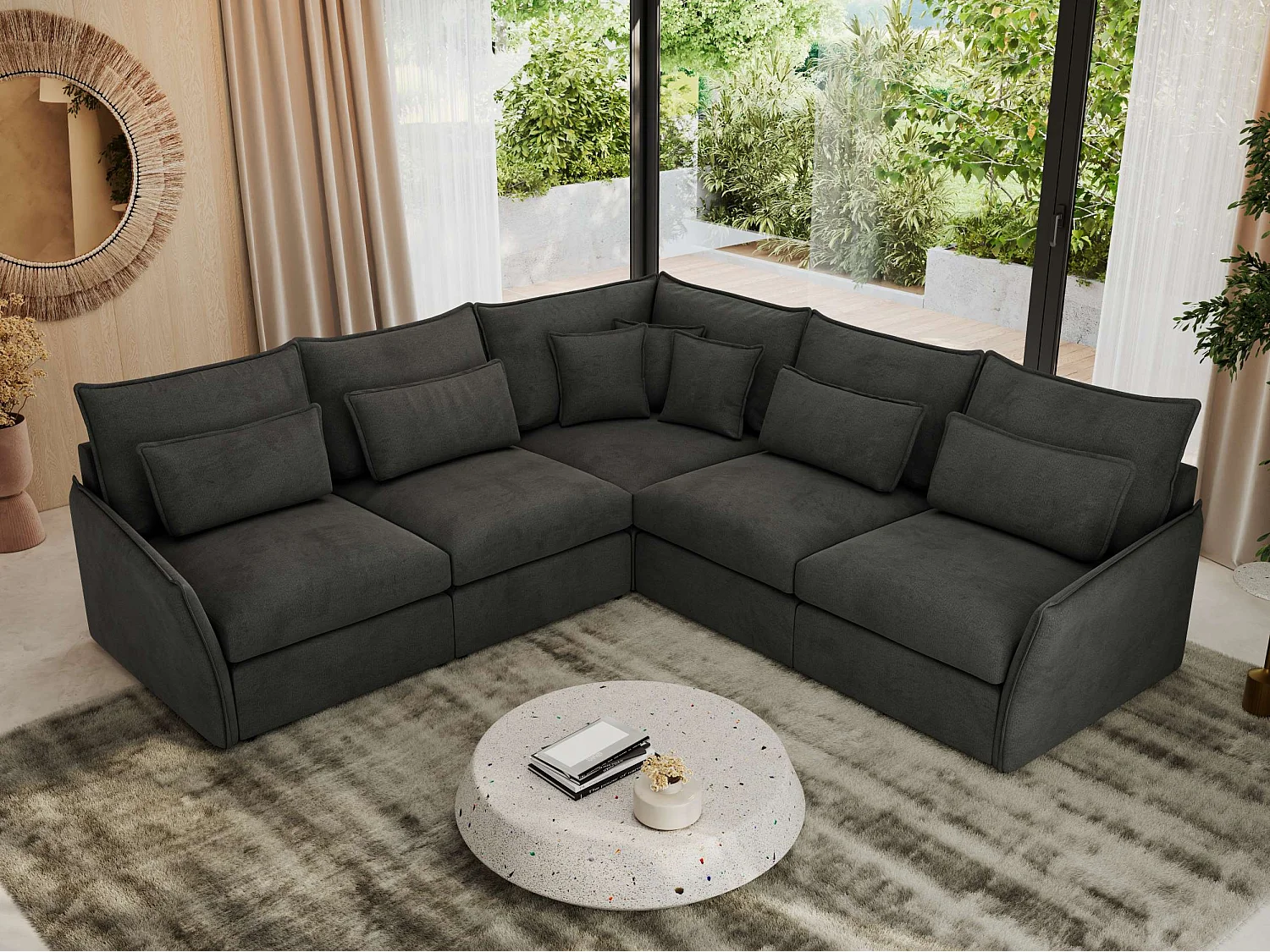 Ecksofa VERSO - modulare L-förmige Ecke, lose Kissen, Wohnlandschaft - Dunkelgrau Velvet