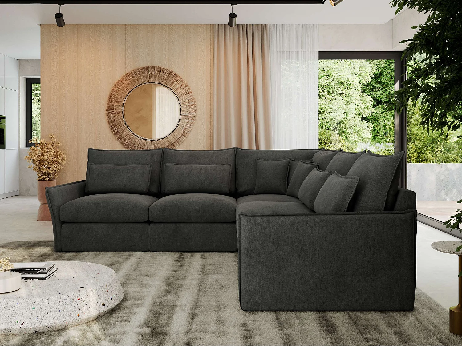 Ecksofa VERSO - modulare L-förmige Ecke, lose Kissen, Wohnlandschaft - Dunkelgrau Velvet