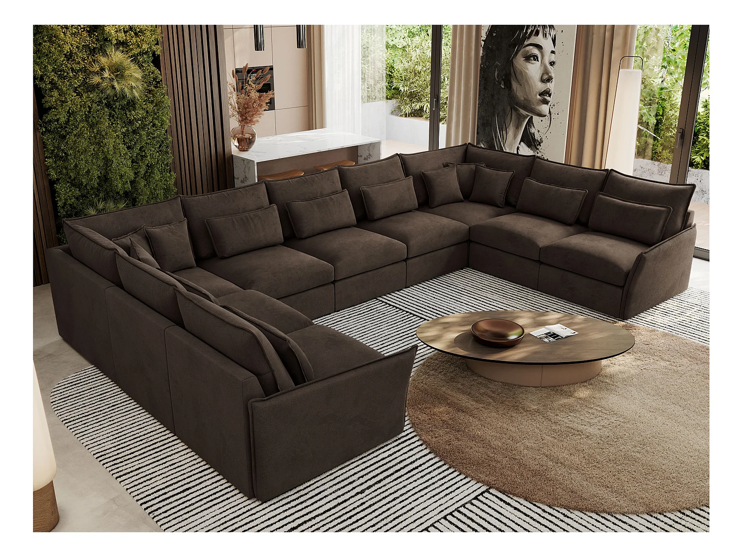 Ecksofa VERSO U9M - XXL Wohnlandschaft Ecke, modulare, Armlehnen und lose Kissen - Braun Velvet
