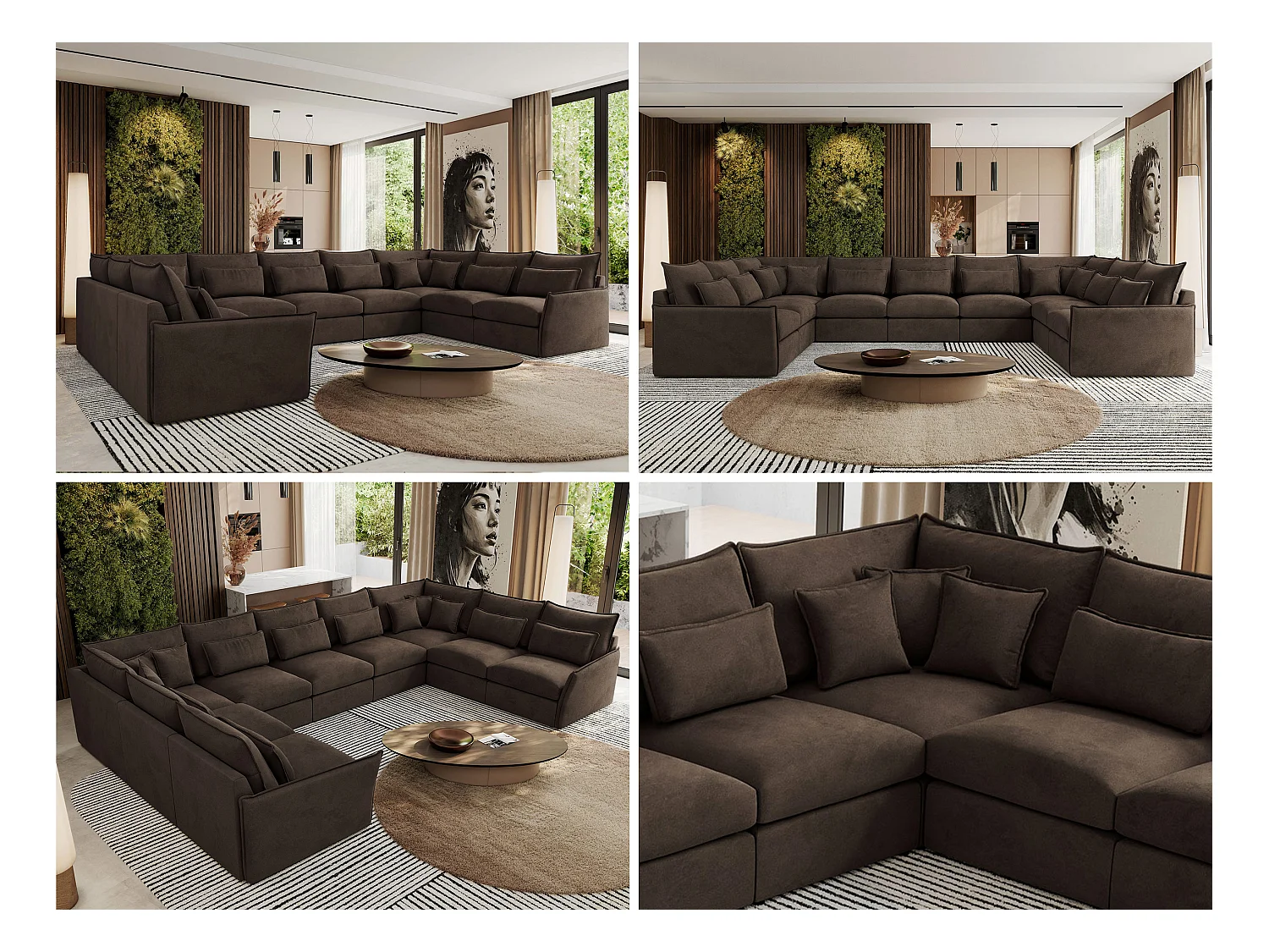 Ecksofa VERSO U9M - XXL Wohnlandschaft Ecke, modulare, Armlehnen und lose Kissen - Braun Velvet