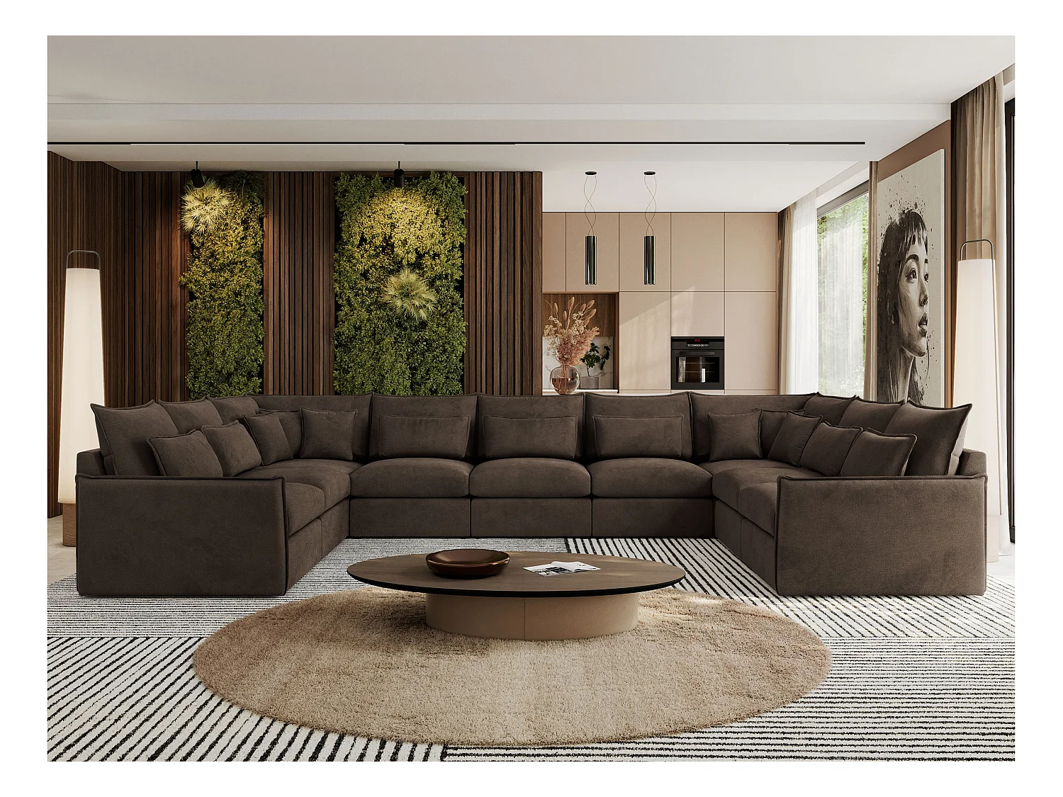 Ecksofa VERSO U9M - XXL Wohnlandschaft Ecke, modulare, Armlehnen und lose Kissen - Braun Velvet