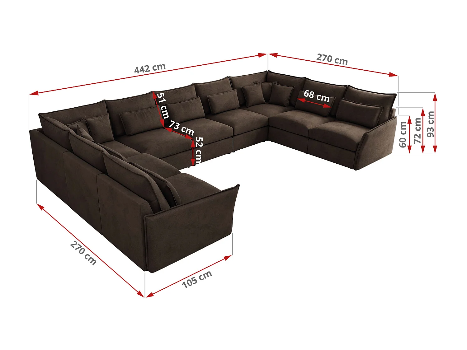 Ecksofa VERSO U9M - XXL Wohnlandschaft Ecke, modulare, Armlehnen und lose Kissen - Braun Velvet