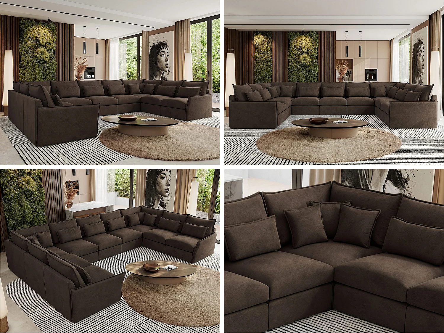 Ecksofa VERSO U9M - XXL Wohnlandschaft Ecke, modulare, Armlehnen und lose Kissen - Braun Velvet