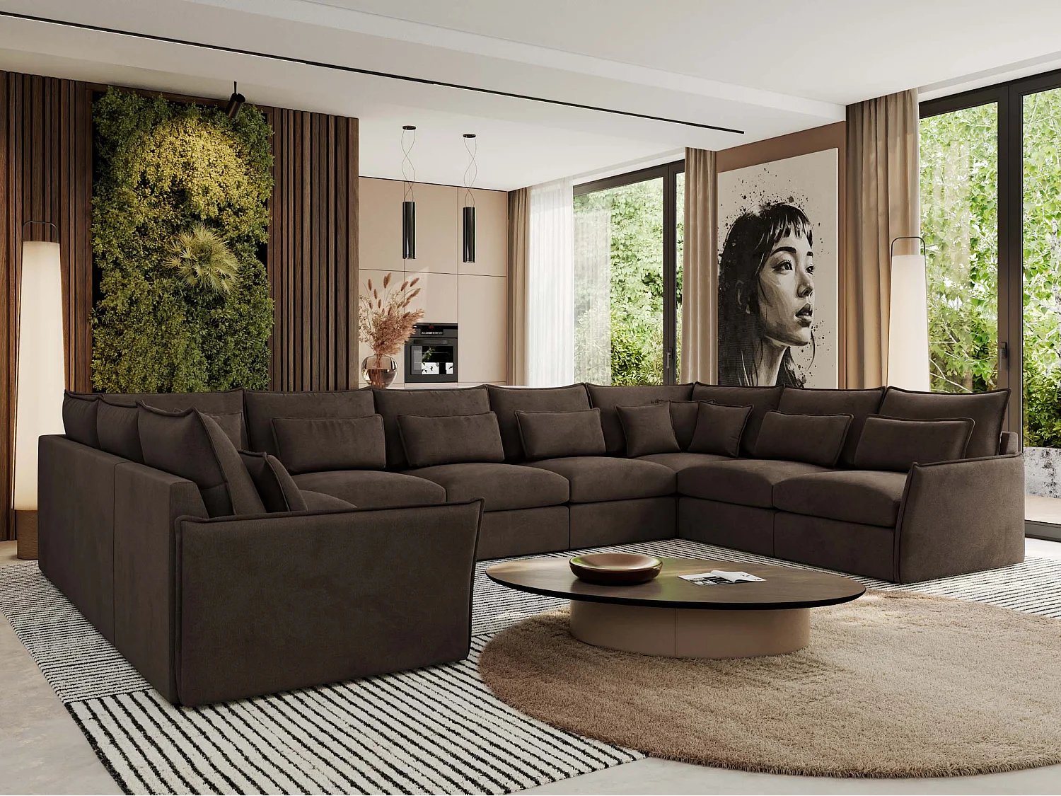 Ecksofa VERSO U9M - XXL Wohnlandschaft Ecke, modulare, Armlehnen und lose Kissen - Braun Velvet