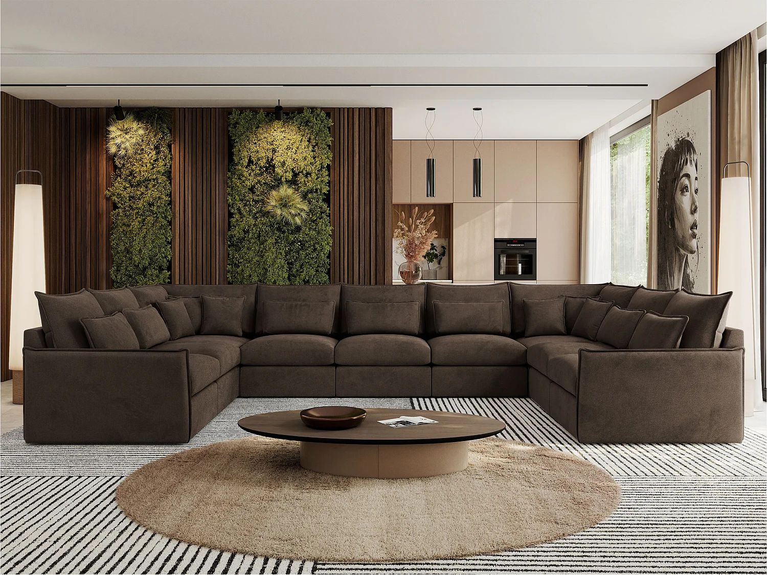 Ecksofa VERSO U9M - XXL Wohnlandschaft Ecke, modulare, Armlehnen und lose Kissen - Braun Velvet