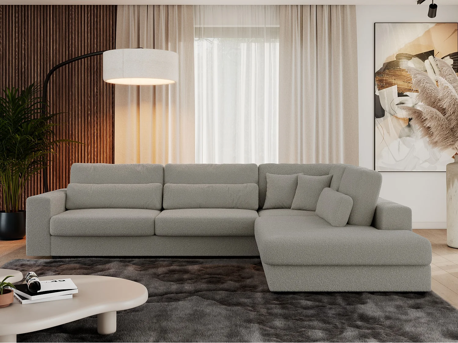 Ecksofa SAVONA - mit Armlehnen, lose Kissen, große L-förmige Ecke, Wohnlandschaft - Grau Boucle - Ecke Rechts