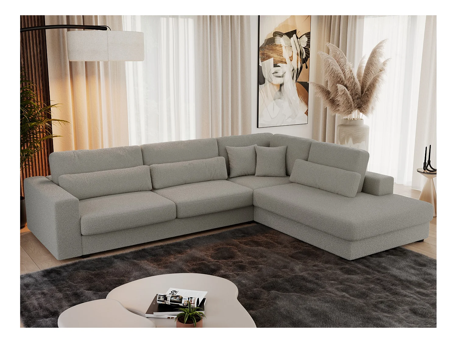 Ecksofa SAVONA - mit Armlehnen, lose Kissen, große L-förmige Ecke, Wohnlandschaft - Grau Boucle - Ecke Rechts