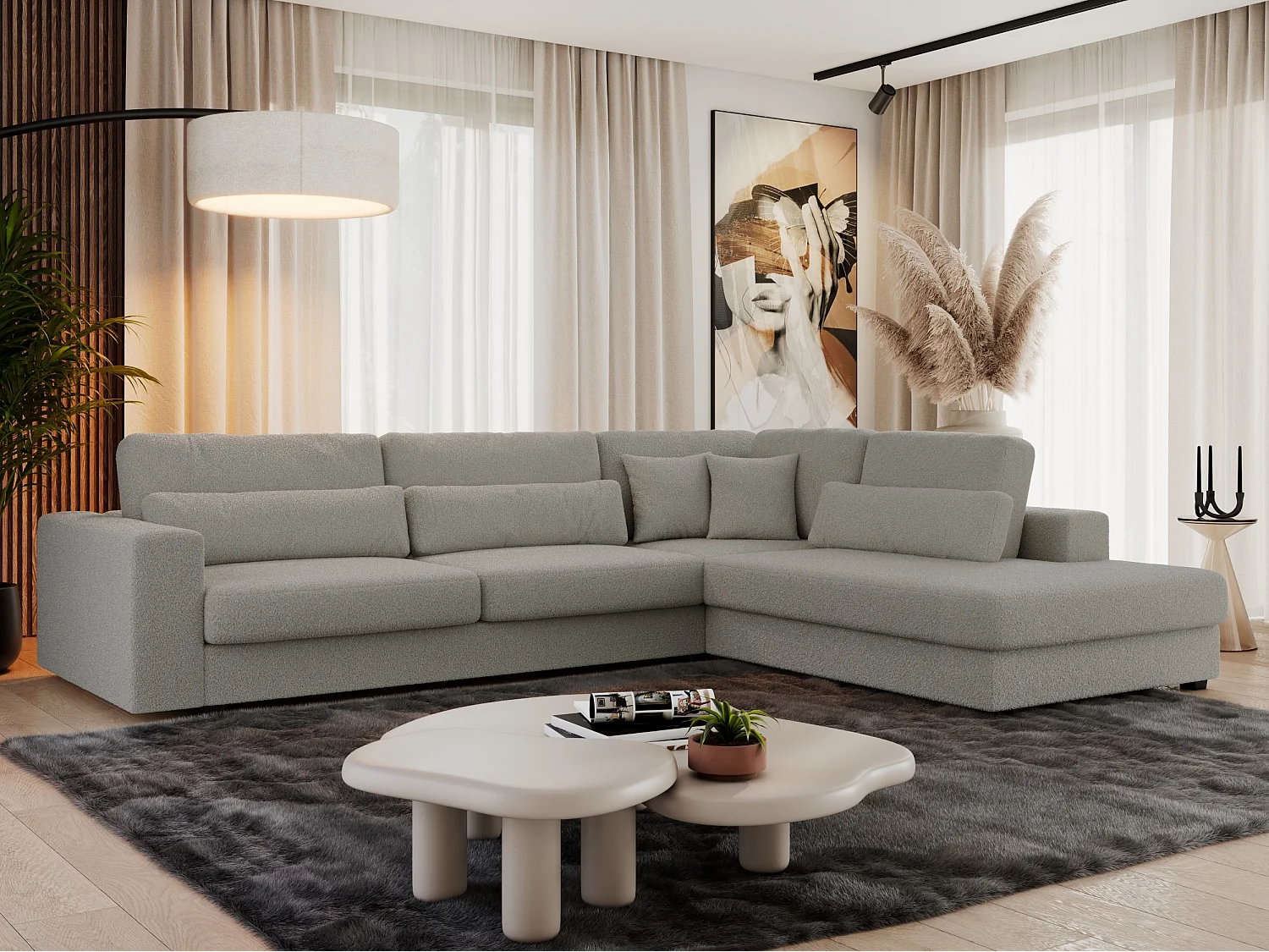 Ecksofa SAVONA - mit Armlehnen, lose Kissen, große L-förmige Ecke, Wohnlandschaft - Grau Boucle - Ecke Rechts