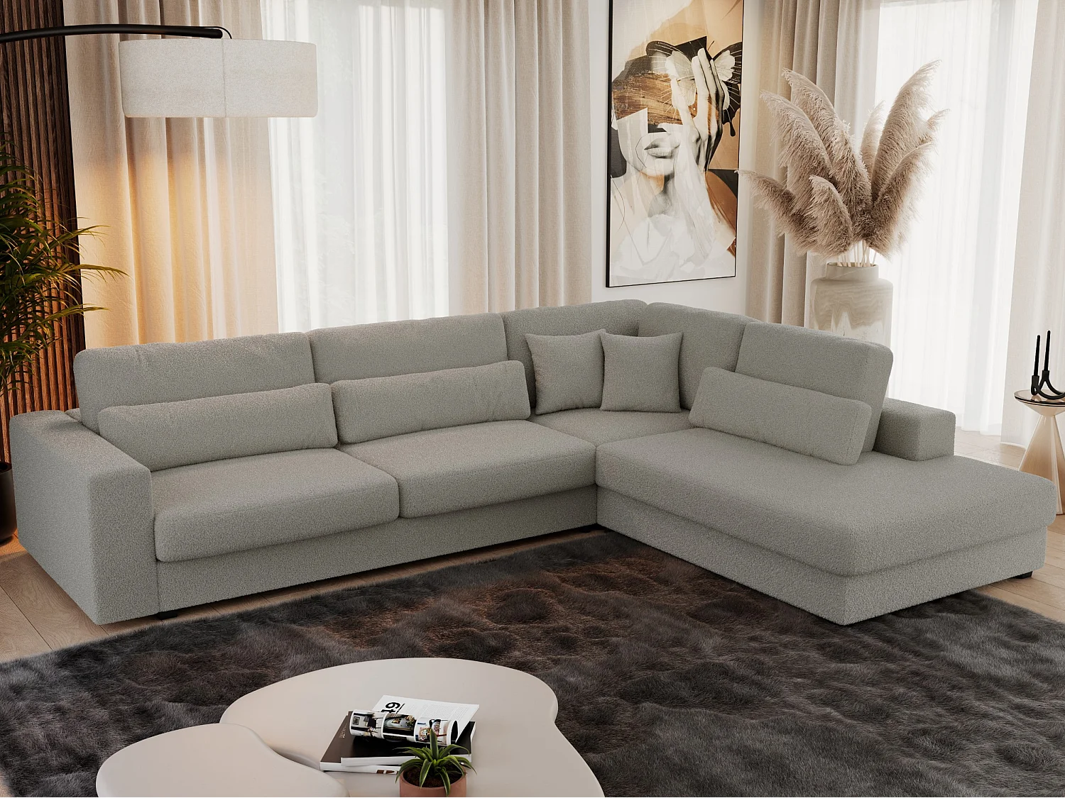 Ecksofa SAVONA - mit Armlehnen, lose Kissen, große L-förmige Ecke, Wohnlandschaft - Grau Boucle - Ecke Rechts