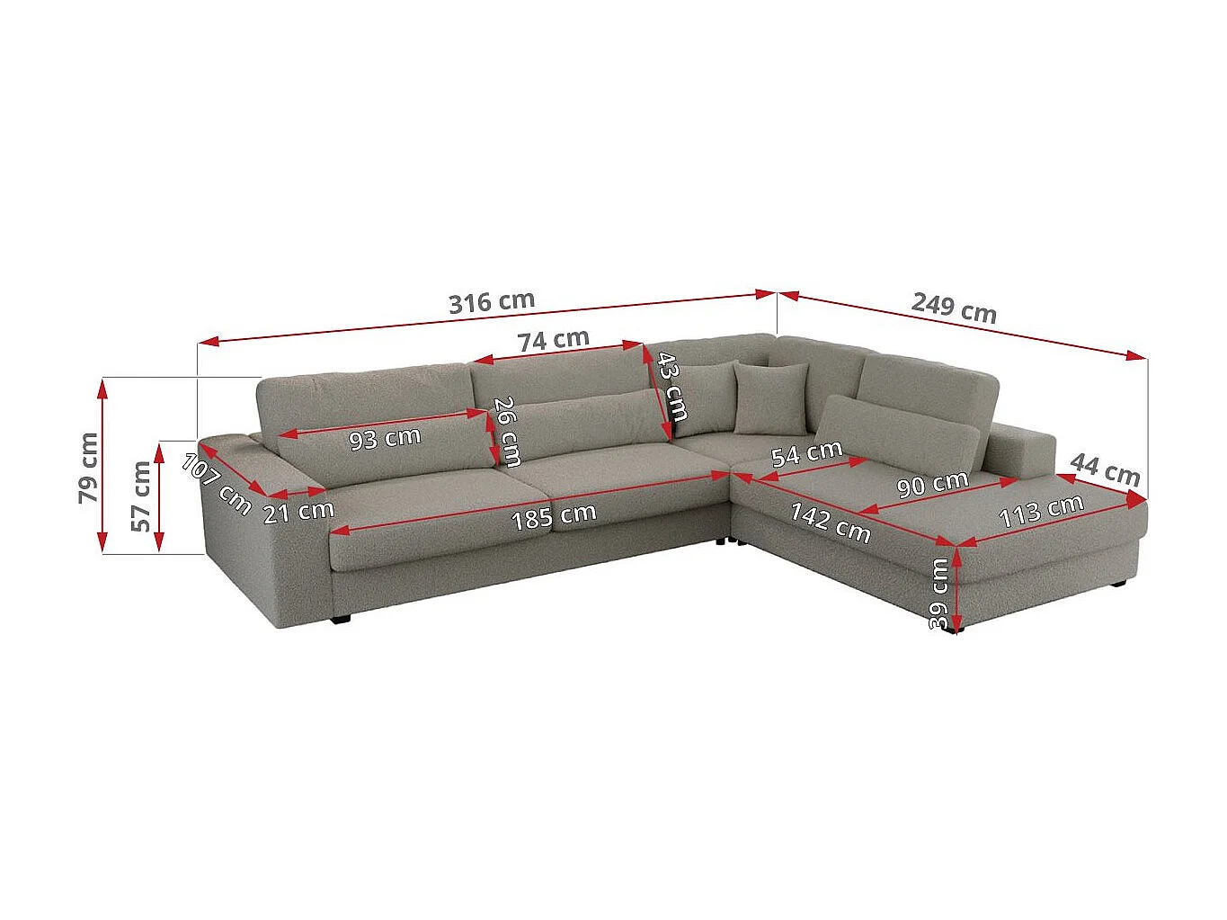 Ecksofa SAVONA - mit Armlehnen, lose Kissen, große L-förmige Ecke, Wohnlandschaft - Grau Boucle - Ecke Rechts