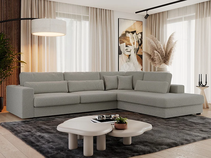 Ecksofa SAVONA - mit Armlehnen, lose Kissen, große L-förmige Ecke, Wohnlandschaft - Grau Boucle - Ecke Rechts