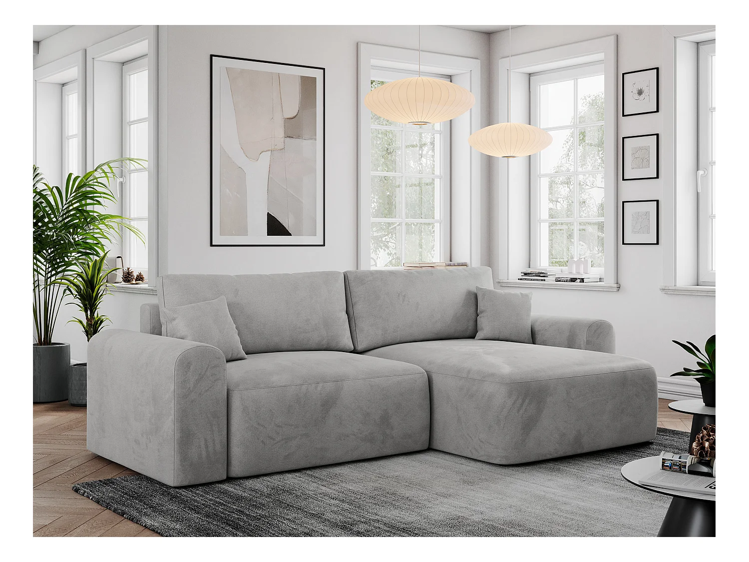 Ecksofa NELSON - Schlafcouch mit Armlehnen und Bettkasten, universelles L-förmige Ecksofa - Hellgrau Velvet