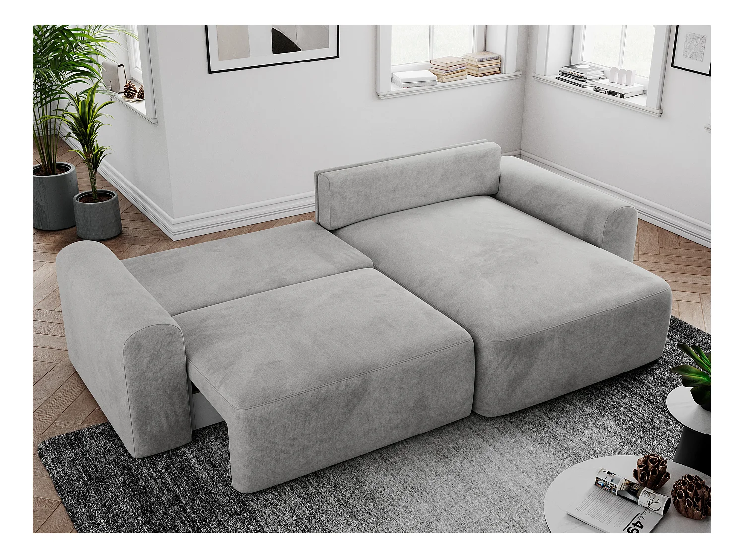 Ecksofa NELSON - Schlafcouch mit Armlehnen und Bettkasten, universelles L-förmige Ecksofa - Hellgrau Velvet