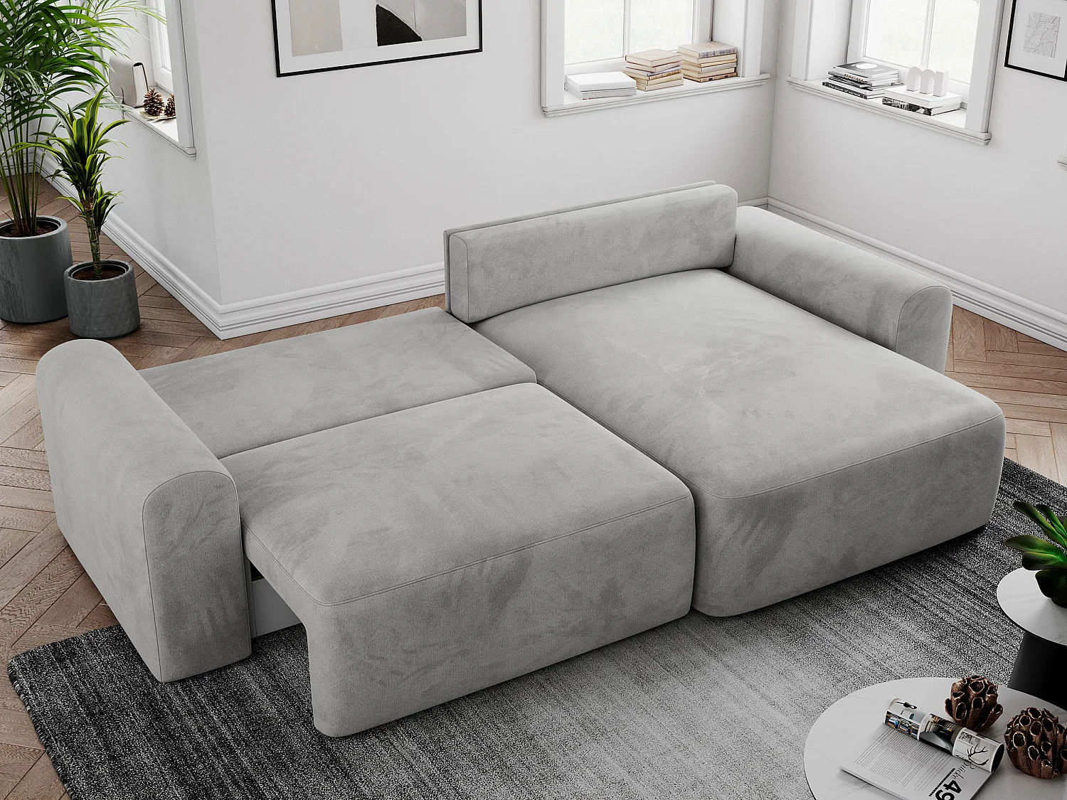 Ecksofa NELSON - Schlafcouch mit Armlehnen und Bettkasten, universelles L-förmige Ecksofa - Hellgrau Velvet