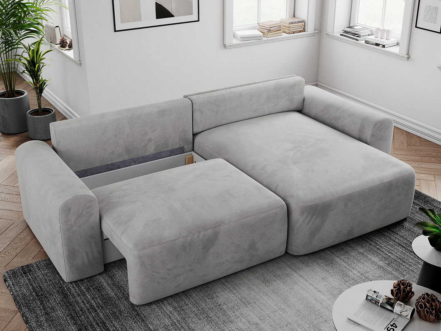 Ecksofa NELSON - Schlafcouch mit Armlehnen und Bettkasten, universelles L-förmige Ecksofa - Hellgrau Velvet