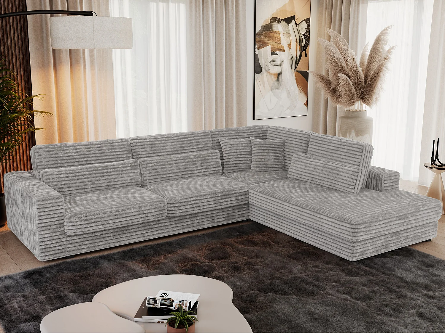 Ecksofa SAVONA - mit Armlehnen, lose Kissen, große L-förmige Ecke, Wohnlandschaft - Hellgrau Cord - Ecke Rechts