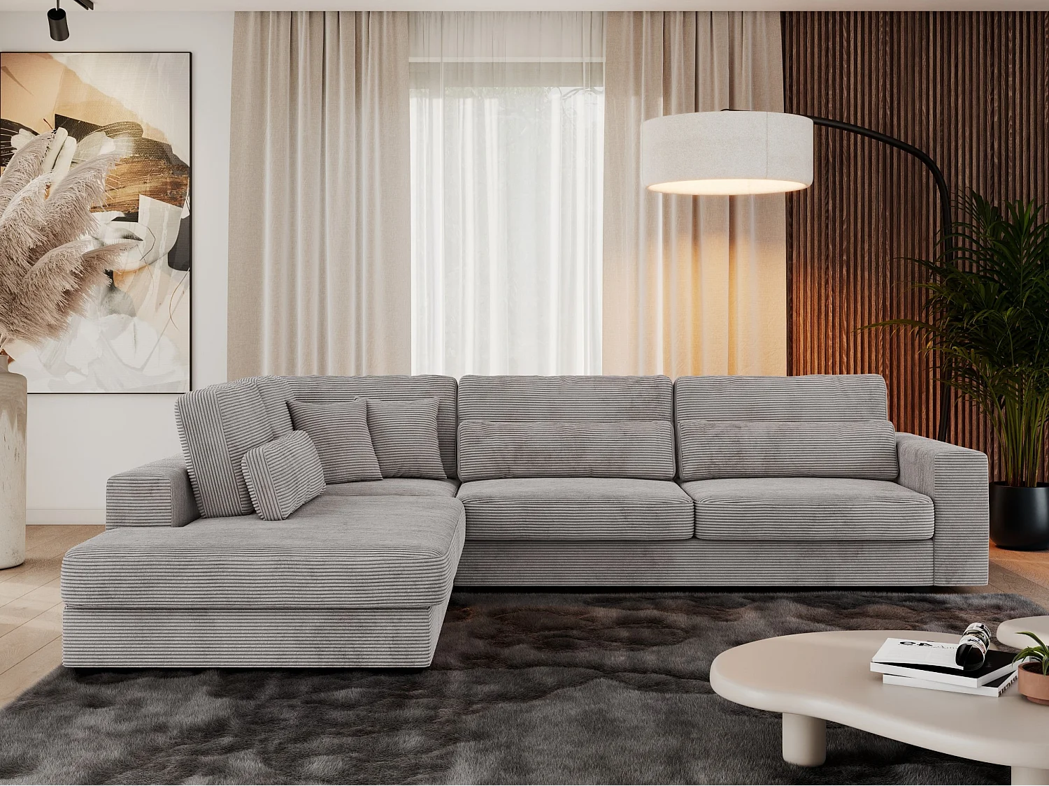 Ecksofa SAVONA - mit Armlehnen, lose Kissen, große L-förmige Ecke, Wohnlandschaft - Grau Cord - Ecke Links