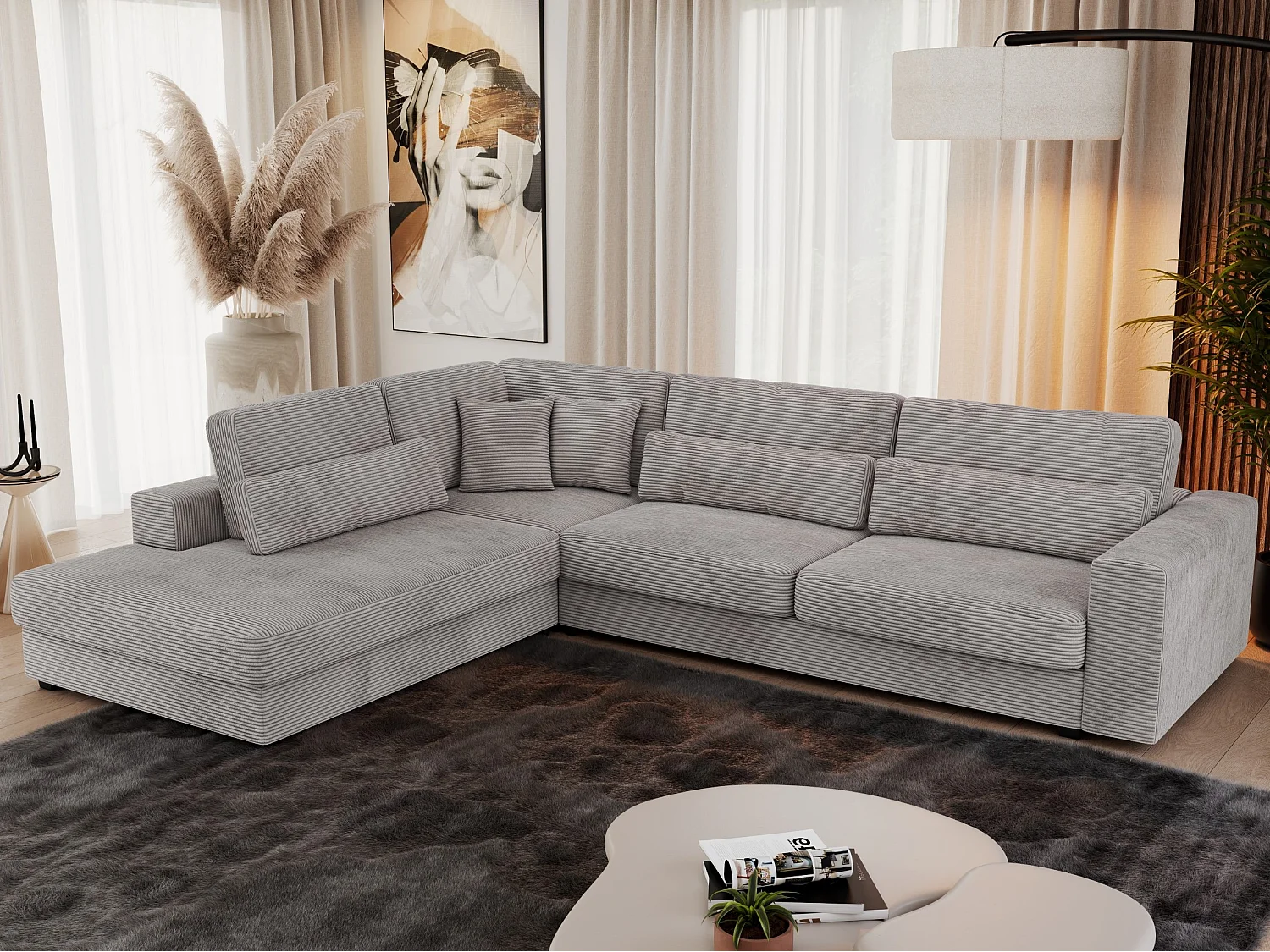 Ecksofa SAVONA - mit Armlehnen, lose Kissen, große L-förmige Ecke, Wohnlandschaft - Grau Cord - Ecke Links