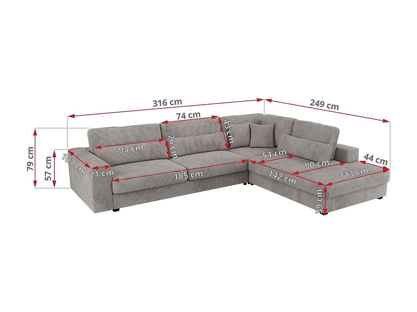 Ecksofa SAVONA - mit Armlehnen, lose Kissen, große L-förmige Ecke, Wohnlandschaft - Grau Cord - Ecke Links