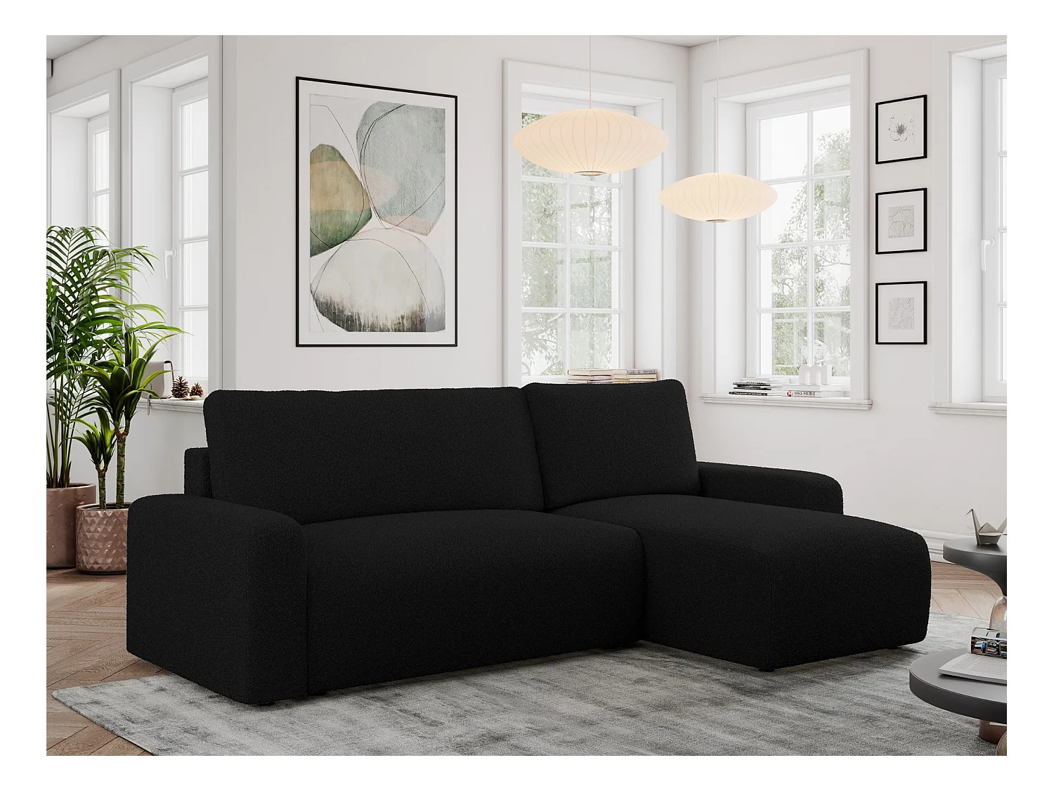 Ecksofa ARGOS - mit Schlaffunktion, Sofa mit armlehnen, Bettkasten, 3-Sitzer Sofa - Schwarz Boucle