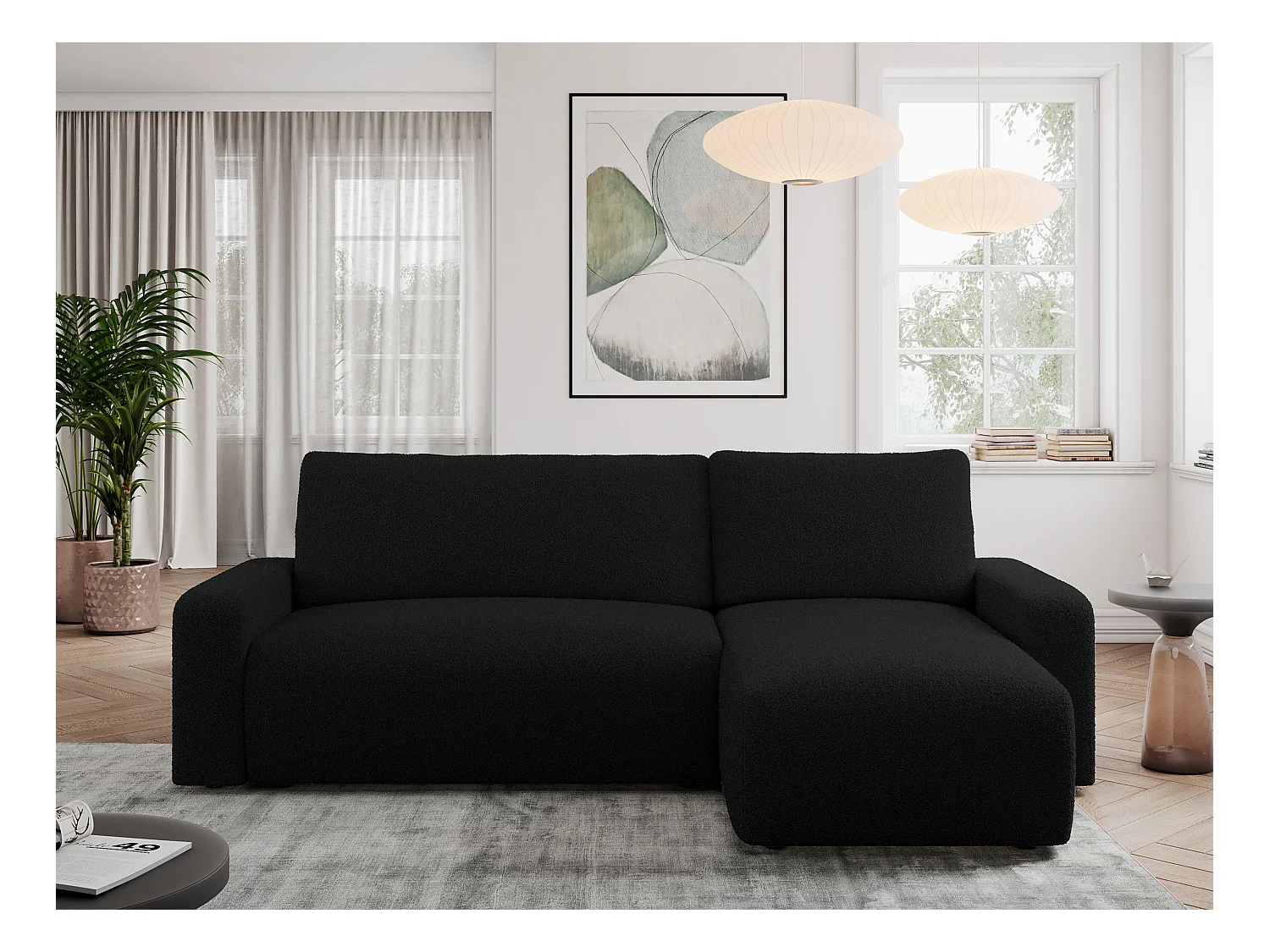 Ecksofa ARGOS - mit Schlaffunktion, Sofa mit armlehnen, Bettkasten, 3-Sitzer Sofa - Schwarz Boucle