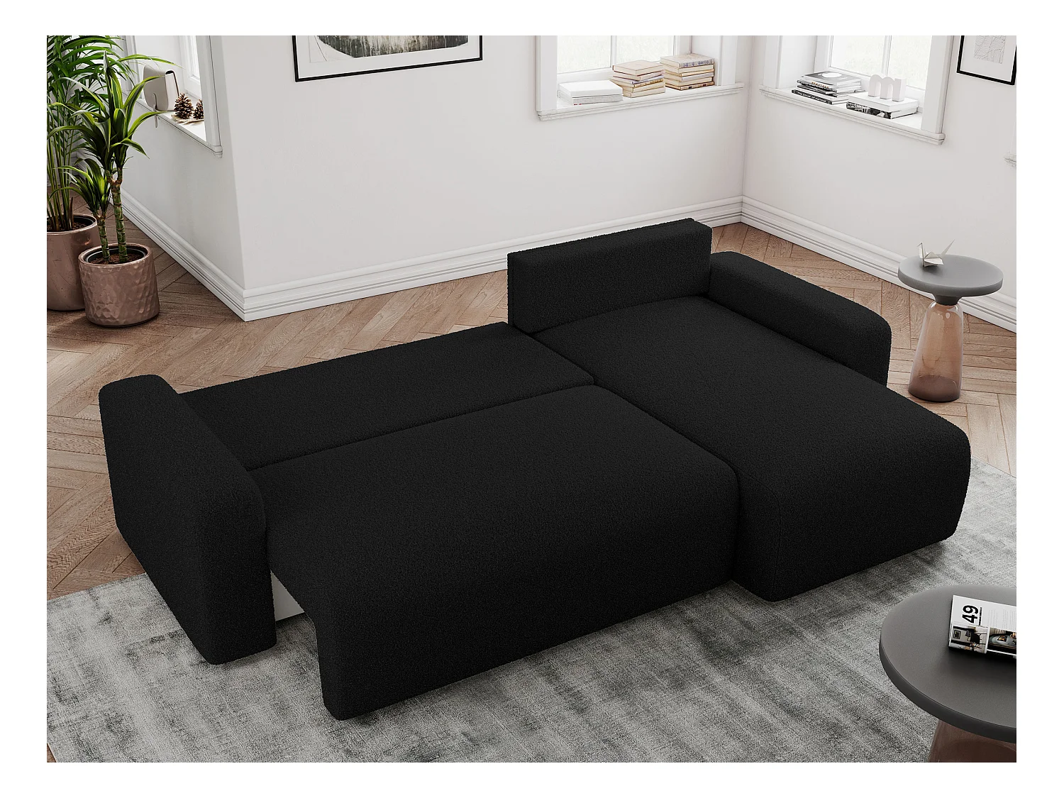 Ecksofa ARGOS - mit Schlaffunktion, Sofa mit armlehnen, Bettkasten, 3-Sitzer Sofa - Schwarz Boucle