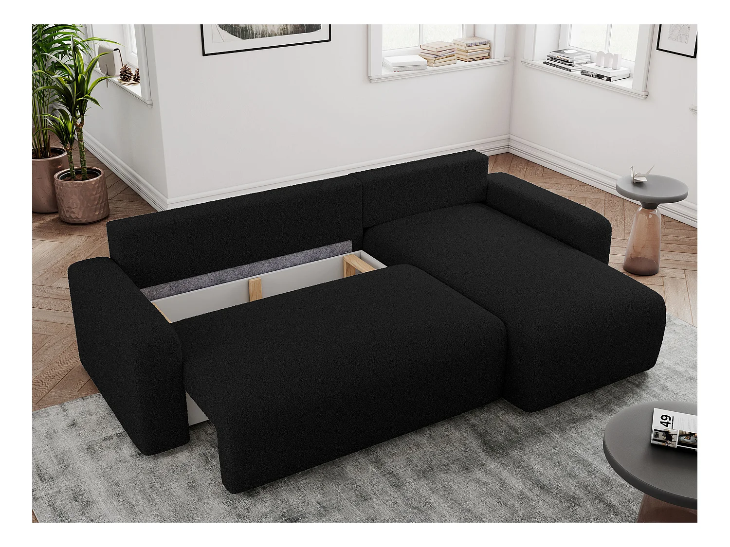 Ecksofa ARGOS - mit Schlaffunktion, Sofa mit armlehnen, Bettkasten, 3-Sitzer Sofa - Schwarz Boucle