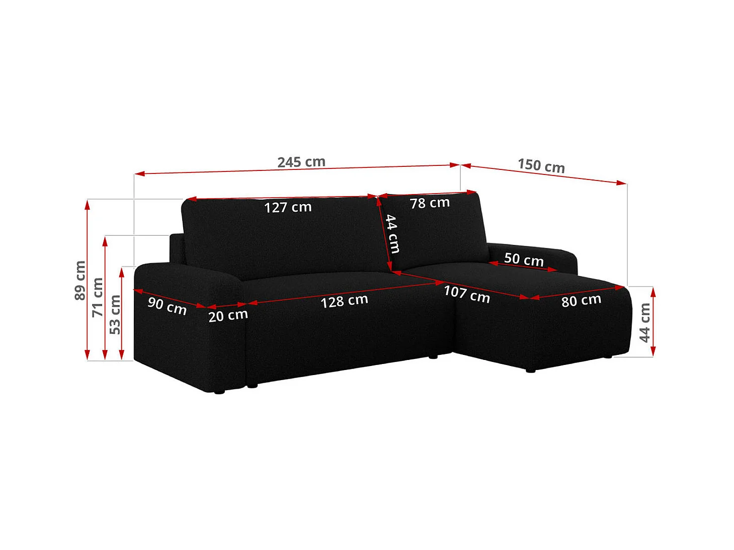 Ecksofa ARGOS - mit Schlaffunktion, Sofa mit armlehnen, Bettkasten, 3-Sitzer Sofa - Schwarz Boucle