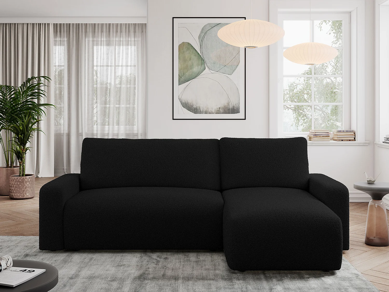 Ecksofa ARGOS - mit Schlaffunktion, Sofa mit armlehnen, Bettkasten, 3-Sitzer Sofa - Schwarz Boucle